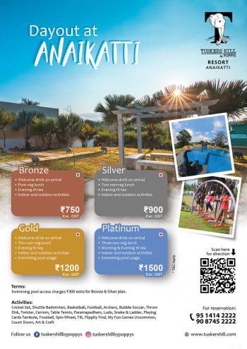 Day out packages at Tuskers Hill Resort Anaikatti